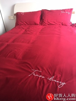 网红磨毛水洗棉四件套，大红色婚庆床单被套床笠三件套插图1