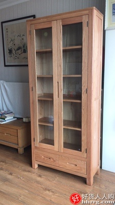 源氏木语实木书柜，橡木书房带玻璃门书架组合插图2