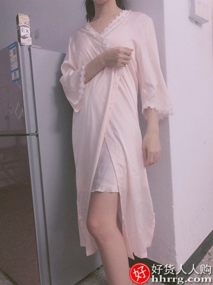 春秋季冰丝吊带睡裙睡袍，两件套长袖性感丝绸睡衣插图2