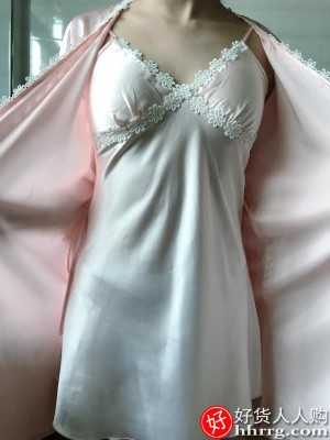 春秋季冰丝吊带睡裙睡袍，两件套长袖性感丝绸睡衣插图3