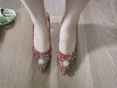 中式红色结婚鞋，水晶高跟细跟秀禾服新娘鞋