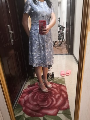 海青蓝蕾丝连衣裙，短袖绣花裙插图1