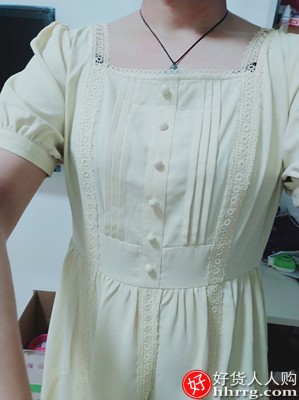 三彩方领桔梗法式连衣裙，雪纺泡泡袖短袖复古公主裙