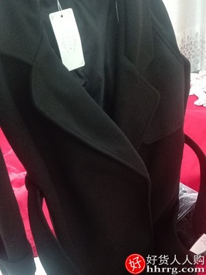 黑色中长款女士大衣，双面羊绒加厚毛呢子外套插图2
