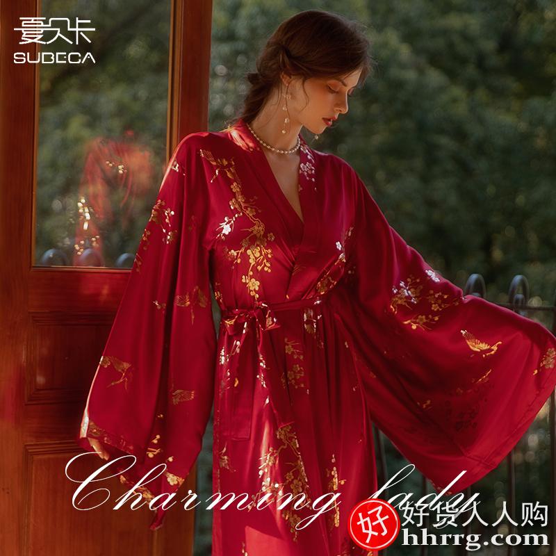 夏贝卡结婚晨袍女，红色长款睡袍睡衣烫金花仙鹤