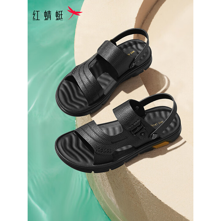 红蜻蜓真皮凉鞋拖鞋 夏季牛皮沙滩鞋 WTT22118J黑色42